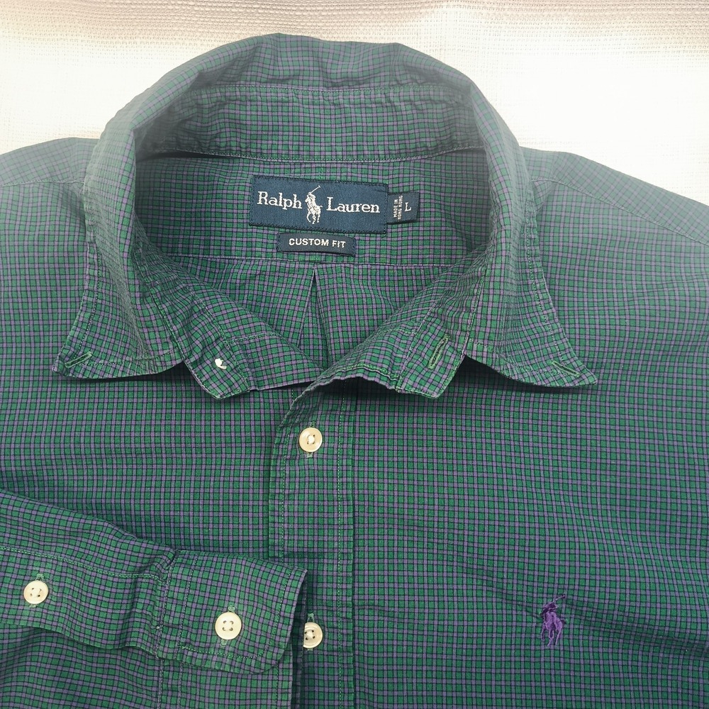 Ralph Lauren Custom Fit Purple Green Plaid Embroidered Pony Button Up Shirt L